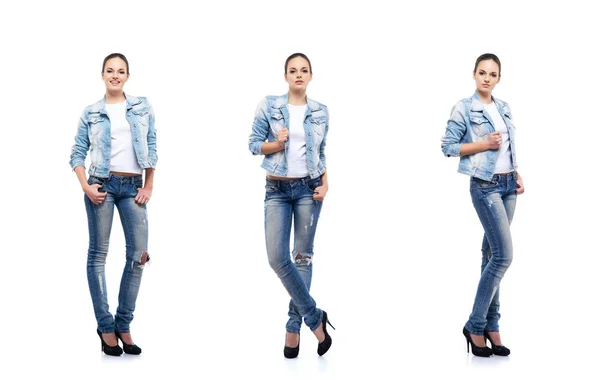 Mooie jonge vrouw in denim kleding — Stockfoto