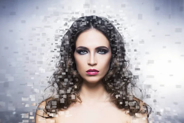 Beautiful woman with digital pixels mosaic — Stock Photo, Image