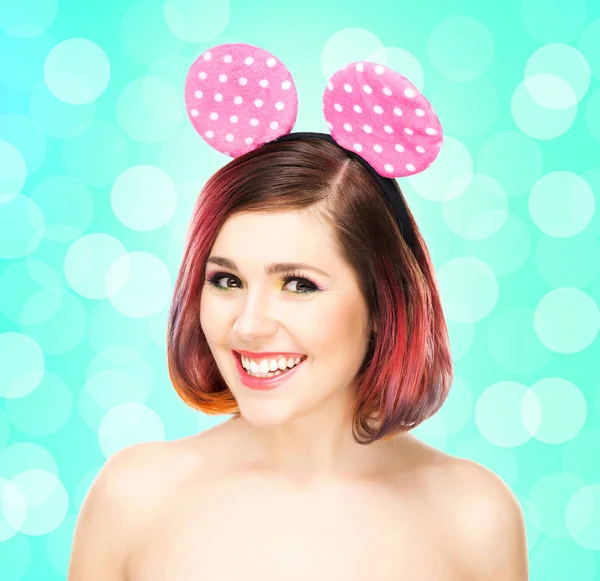 Happy woman in mickey mouse ears — Stock Photo, Image