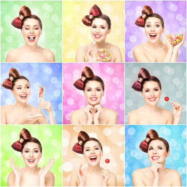 Glücklich lächelnde Frau mit Bonbons — Stockfoto
