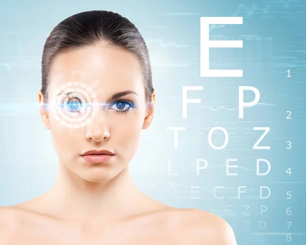 beautiful young woman with eye hologram