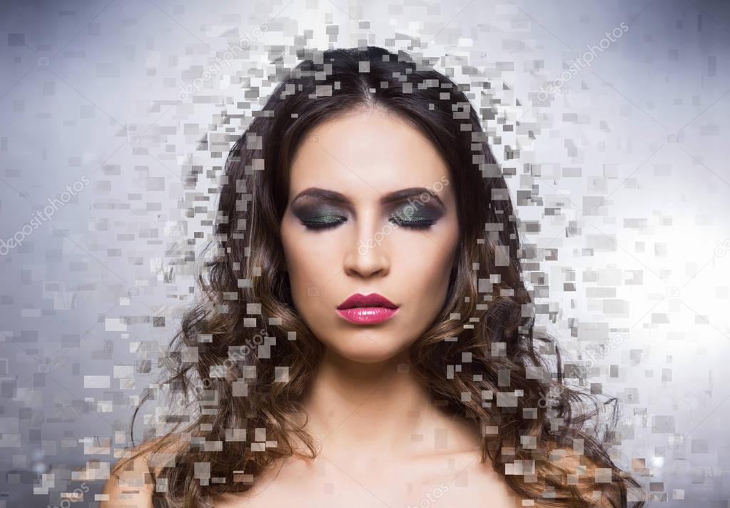 Beautiful woman with digital pixels mosaic 