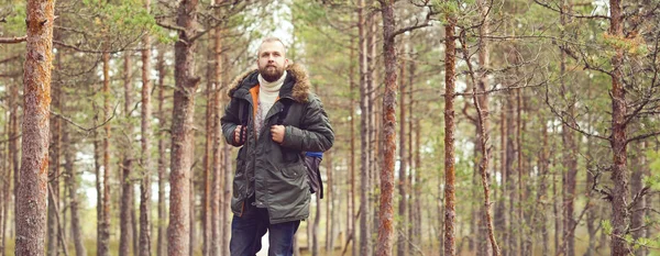 Muž pěší turistika v lese — Stock fotografie