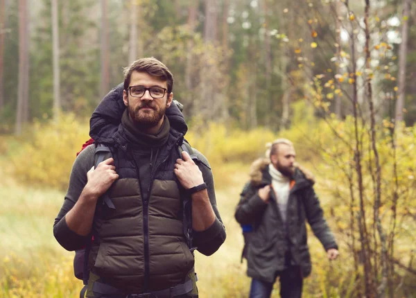 Two men hiking in forest — Stock Photo, Image