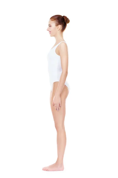 Mulher em lingerie branca bodysuit — Fotografia de Stock