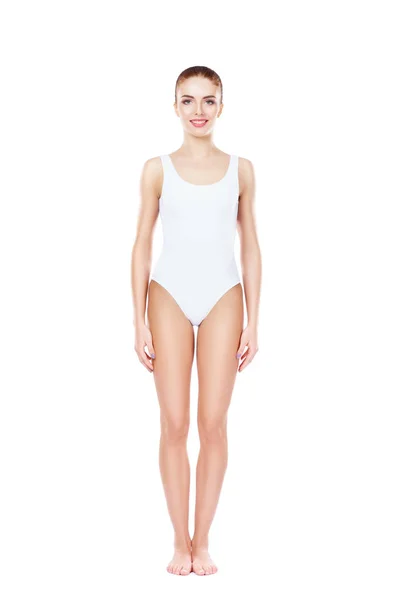 Mulher em lingerie branca bodysuit — Fotografia de Stock