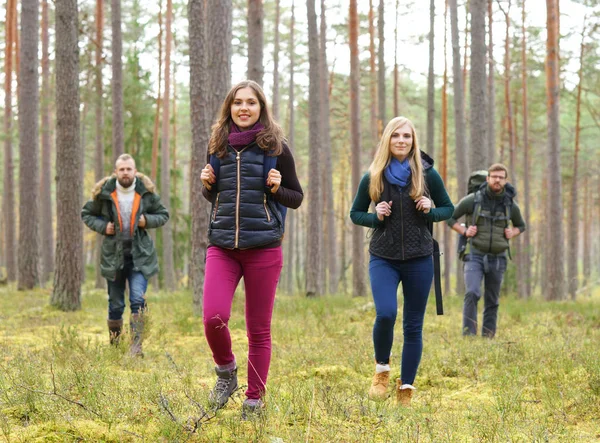 Jonge vrienden wandelen in het bos — Stockfoto