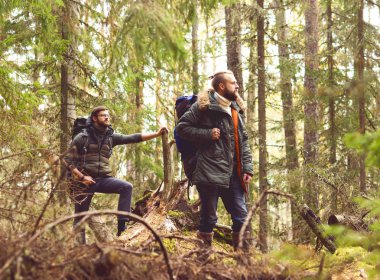 İki adam ormanda hiking