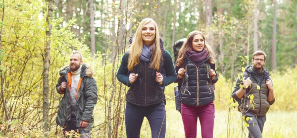 Jovens amigos caminhando na floresta — Fotografia de Stock