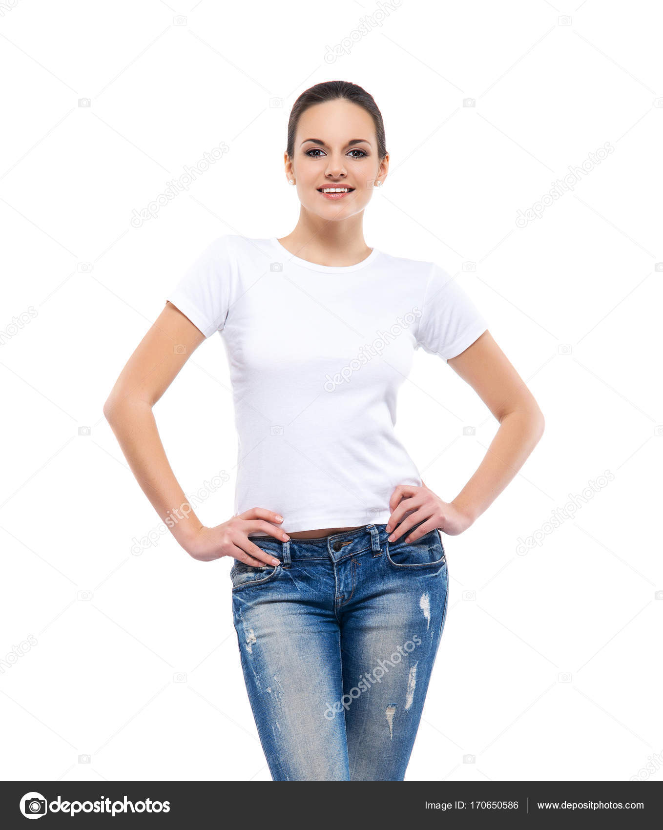 Jeans Camisetas Mujer Joven Mujer Joven Vistiendo Camiseta Blanca