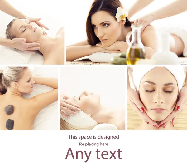 Collage Massaggiante Belle Donne Che Hanno Diversi Tipi Massaggio Nel — Foto Stock