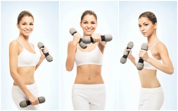 Mujer joven con mancuernas — Foto de Stock