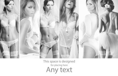 Kadın iç çamaşırı seksi ve güzel gelinler. Genç moda model seksi iç çamaşırı poz. Siyah ve beyaz kavramı kolaj.