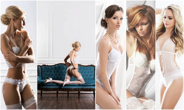 Colección concepto lencería nupcial. Chicas jóvenes, hermosas y sexy en ropa interior blanca . —  Fotos de Stock