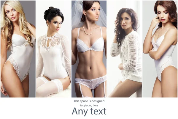 Colagem Fotos Ajuste Mulheres Sedutoras Posando Lingerie Nupcial Branca — Fotografia de Stock