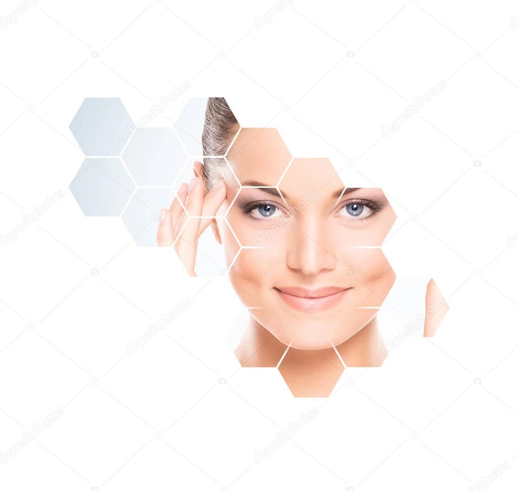 Human face in honeycomb. Young and healthy woman in plastic surgery, medicine, spa and face lifting concept.