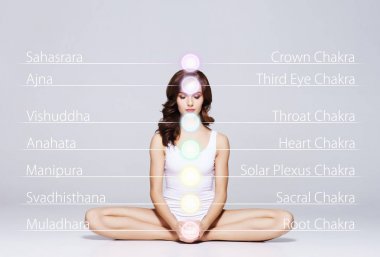Lotus bulunduğu meditasyon kadın. Vücudu üzerinde renkli çakra ışıkları. Yoga, meditasyon, zen, Budizm, kurtarma ve sağlık kavramı.