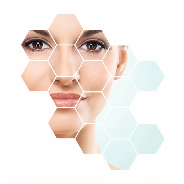 Cara humana en panal. Mujer joven y saludable en cirugía plástica, medicina, spa y concepto de lifting facial . — Foto de Stock