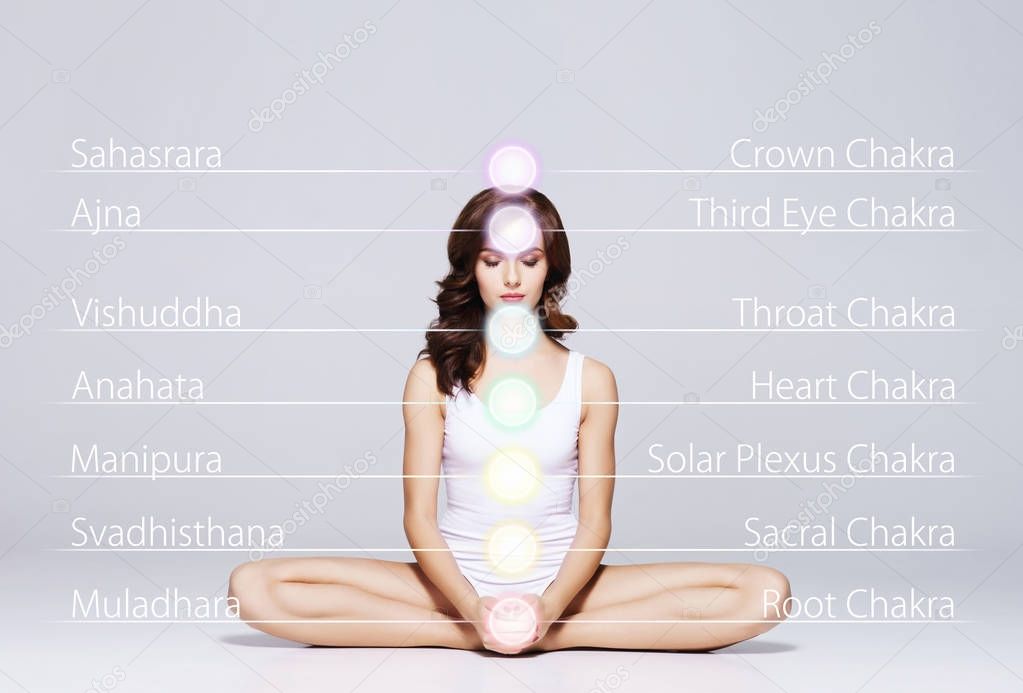 Woman meditating in lotus position. Colored chakra lights over her body. Yoga, zen, Buddhism, recovery and wellbeing concept.