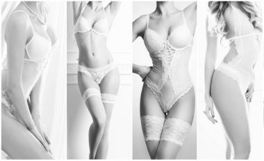 Siyah ve beyaz gelin iç çamaşırı koleksiyonu. Seksi genç kadınlar beyaz çamaşırlarıyla poz. İç çamaşırı kolaj.