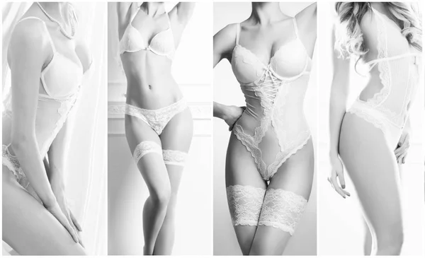 Colección de lencería nupcial en blanco y negro. Mujeres jóvenes atractivas posando en ropa interior blanca. collage de ropa interior . —  Fotos de Stock