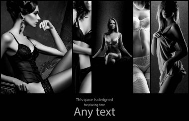 Seksi iç çamaşırı farklı güzel modellerin kolaj. Güzellik ve moda kavramı.