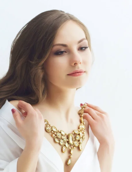 Beauty Portrait Attractive Young Woman Trying Golden Necklace — Stock Photo, Image