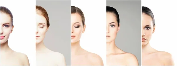 Collage Retratos Femeninos Mujeres Jóvenes Hermosas Frescas Saludables Lifting Facial —  Fotos de Stock