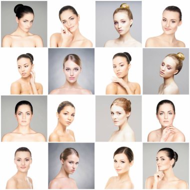 kolaj kadın portre. Güzel, taze ve sağlıklı genç kadın. Kaldırma, Cilt Bakımı, plastik cerrahi ve makyaj kavramı yüz