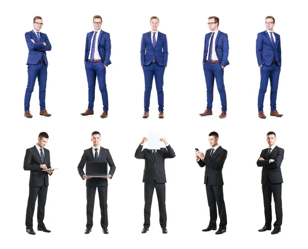 Collage Hombres Negocios Jóvenes Inteligentes Trajes Negros Azules Sobre Fondo —  Fotos de Stock