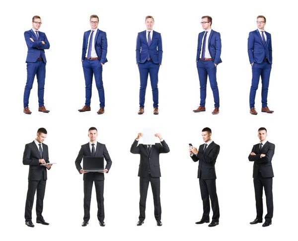 young and smart businessmen collage in black and blue suits over white background