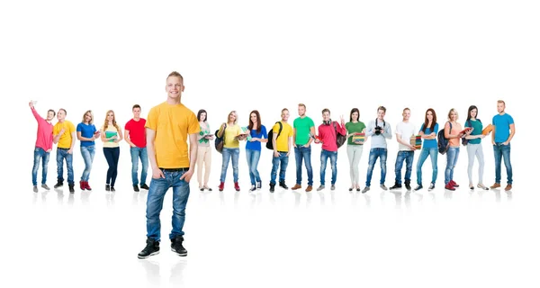 Grote Groep Tieners Studenten Met Boeken Rugzakken Permanent Samen Witte — Stockfoto