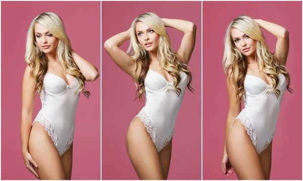 Collage Foto Van Jonge Mooie Vrouw Poseren Witte Bruidslingerie Roze — Stockfoto