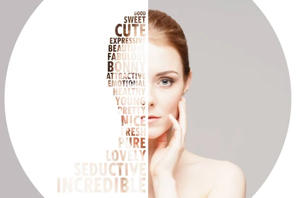 文字で 新鮮な若い女性のコラージュ 整形手術 化粧品 医学概念 モザイク文字 — ストック写真