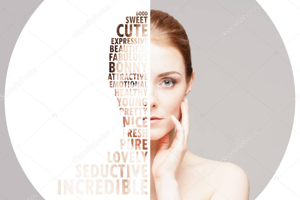 collage of young, fresh woman with letters. Plastic surgery, beauty and cosmetics and medicine concept. Word mosaic