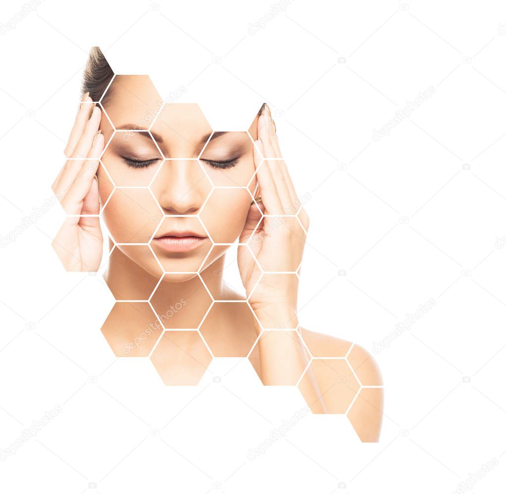 face of young woman in honeycombs. Plastic surgery, medicine, spa and face lifting concept
