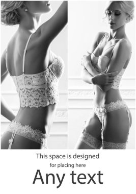 İç çamaşırı seksi ve güzel gelinler. Genç moda model seksi iç çamaşırlarıyla poz. Siyah ve beyaz kolaj.