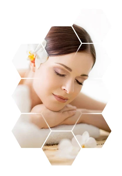 Young Beautiful Woman Spa Collage Honeycomb Mosaic Tiles Healing Massaging — Stock Photo, Image