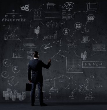 Evrak çantası ile iş adamı. Şematik arka plan. İş ve ofis, kavram.