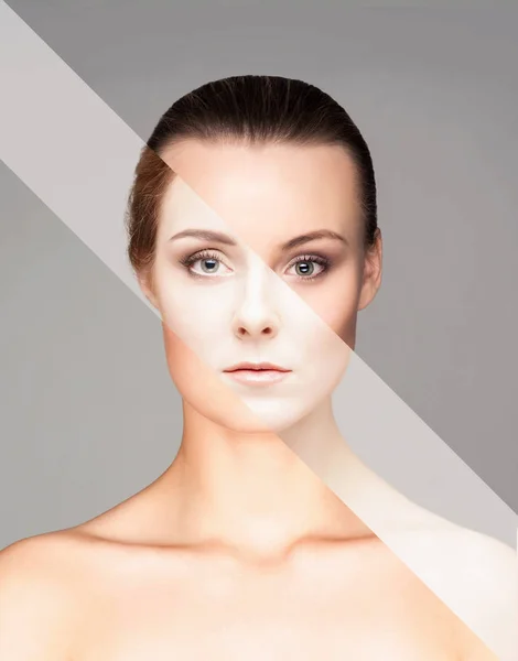 Dokonalý Ženský Obličej Různých Tváří Plastická Chirurgie Kosmetiky Koncepce — Stock fotografie