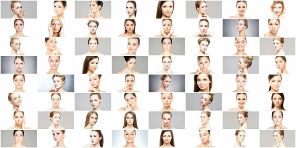 Collage aus verschiedenen weiblichen Kurporträts. Gesichtslifting, Hautpflege, plastische Chirurgie und Make-up-Konzept. — Stockfoto