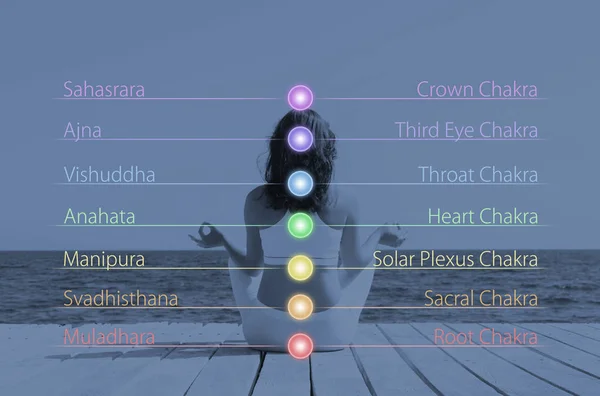 Kobieta Medytacji Pozycji Lotosu Odkryty Chakra Światła Jej Ciele Joga — Zdjęcie stockowe