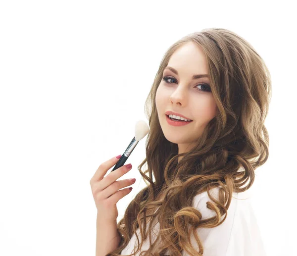 Young Beautiful Woman Preparing Makeup Bride Doing Make Mirror Cosmetics — Stock Photo, Image