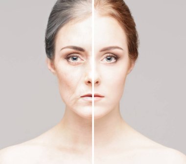 Aynı yaşlı kadın ve genç kızın iki portresinin kolajı. Yüz gerdirme, yaşlanma ve cilt bakımı.