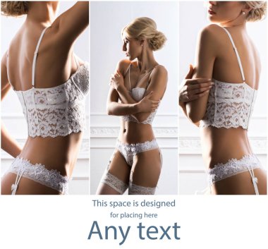 kolaj Foto beyaz gelin iç çamaşırı beyaz retro arka planı poz içinde uygun baştan çıkarıcı kadın