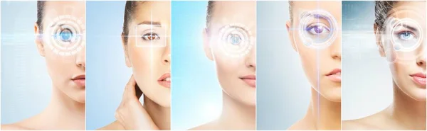 眼睛上有激光全息图的健康女性 关于眼睛扫描技术 眼科和手术的拼贴 未来理念 — 图库照片