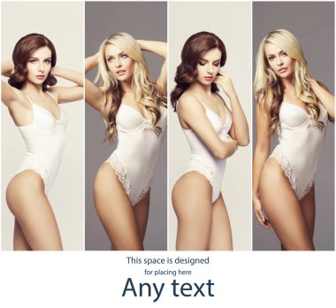 Gelin iç çamaşırı kavramı. Gelin iç çamaşırı poz şehvetli kadınlar topluluğu. Bahar kolaj.