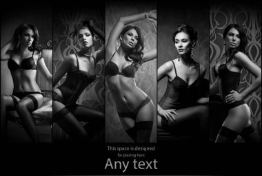 Güzel, seksi ve genç kız iç çamaşırı. Erotik iç çamaşırı moda modelleri. Glamour, vogue, moda kavramı kolaj.