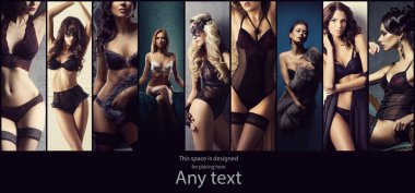 Genç ve seksi kızlar erotik iç çamaşırı ile fotoğraf kümesi. İç çamaşırı koleksiyonu. Glamour, vogue, moda kavramı. 
