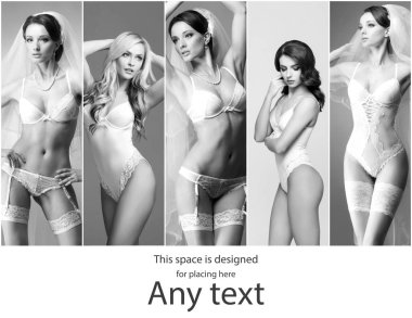 Siyah ve beyaz gelin iç çamaşırı koleksiyonu. Seksi kadın beyaz çamaşırlarıyla poz. İç çamaşırı kolaj.